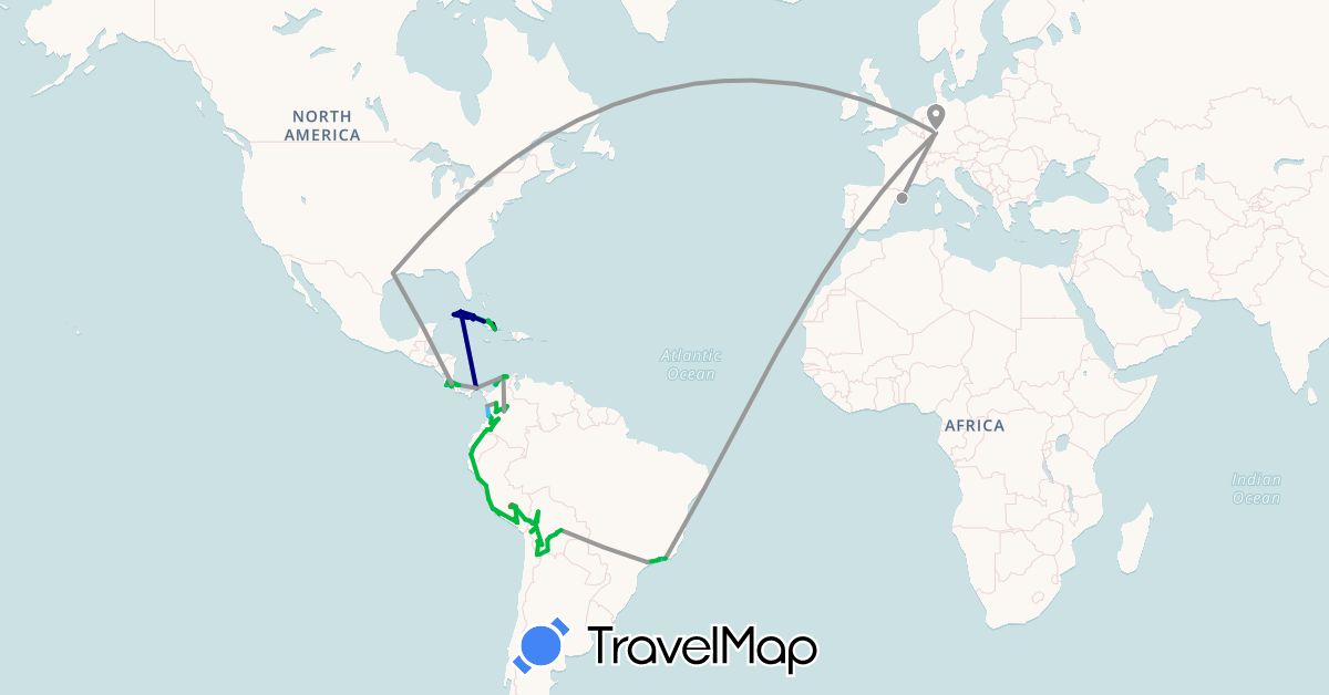 TravelMap itinerary: driving, bus, plane, hiking, boat in Bolivia, Brazil, Colombia, Costa Rica, Cuba, Germany, Ecuador, Spain, Panama, Peru, United States (Europe, North America, South America)